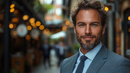 Fototapeta premium A well-dressed man smiling confidently in a charming urban alley filled with warm lights during late afternoon