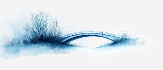 Fototapeta premium A painting of a bridge over a body of water, with trees in the foreground and fog enshrouding the background