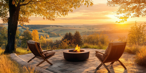 Fototapeta premium Outdoor Fire Pit Area With Wooden Chairs Overlooking Scenic Autumn Landscape at Sunset