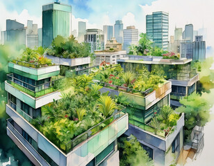 Fototapeta premium watercolor illustration of plants and trees growing on skyscraper terraces in the city