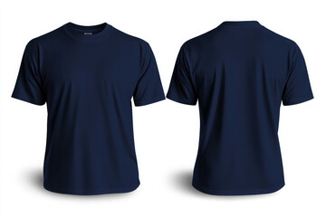 Front and back views of a Navy Blue T shrit mockup, on white background