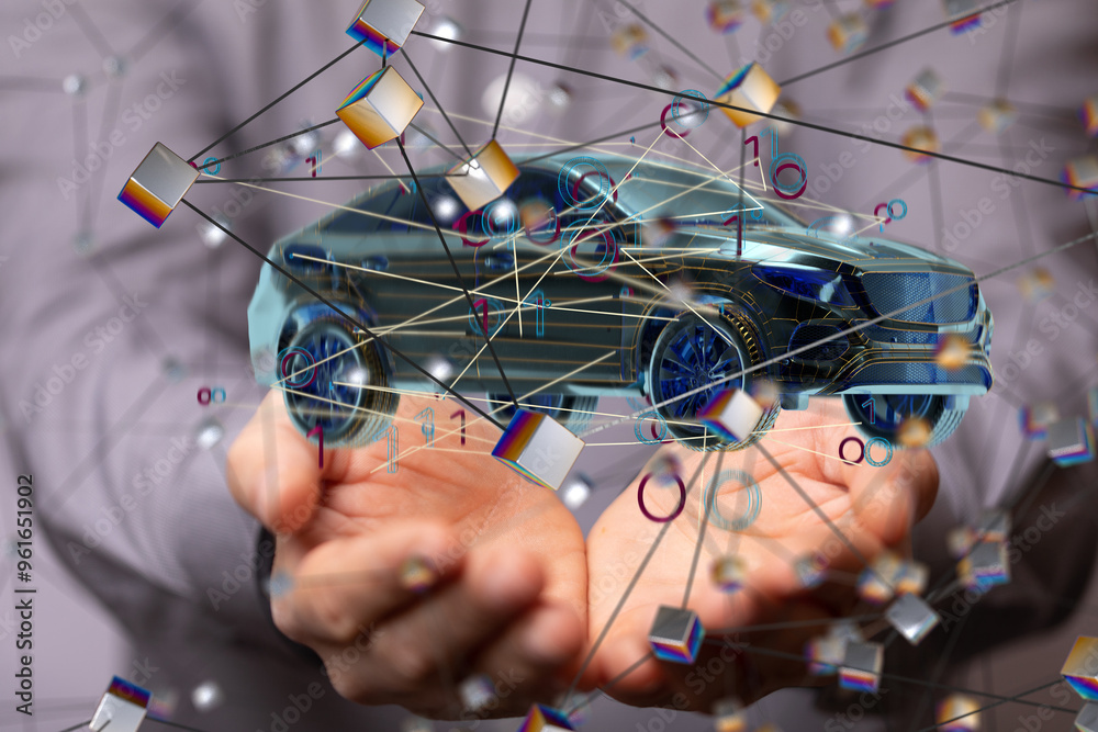 Poster Autonomous car with HUD graphic of Navigation system driving