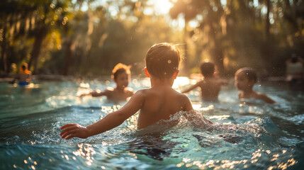 Fototapeta premium Children playing in the sunlit waters of Ginnie Springs.