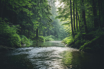 Obraz premium Sunlight Dapples Through the Canopy, Illuminating a Tranquil River Flowing Through a Lush Forest