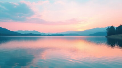 Fototapeta premium A serene sunset over a tranquil lake with mountains in the distance, reflecting beautiful pastel hues in the water and sky.