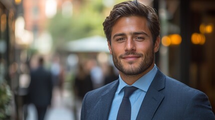Fototapeta premium Confident man in a blue suit smiling on a city street during a sunny day while people walk by in the background