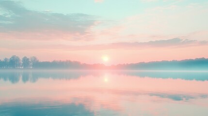 Fototapeta premium Serene sunrise over a calm lake with a soft pink and blue sky reflecting in the water, creating a peaceful and tranquil landscape scene.