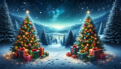 A winter landscape featuring two decorated evergreen trees adorned with ornaments and twinkling lights positioned on either side of a snowy scene