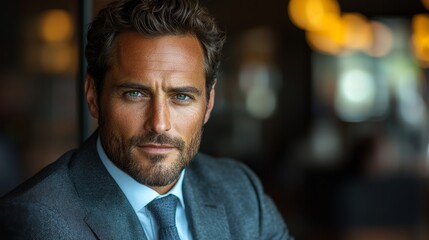 Obraz premium Confident man in a suit with striking blue eyes poses in a modern office during daylight hours