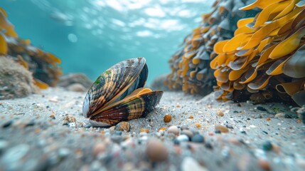 Underwater close-up of a seashell on a sandy sea bed surrounded by colorful marine life and seaweed with clear turquoise water in the background