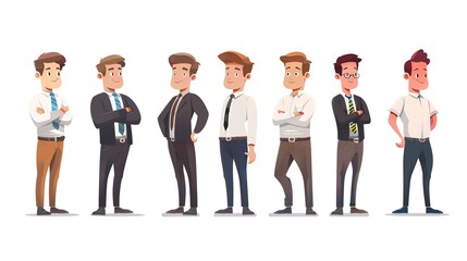 Obraz premium Cartoon business white - collar worker characters are busy in the office. They are wearing formal suits and ties, with briefcases in their hands. They are discussing work matters, showing professional
