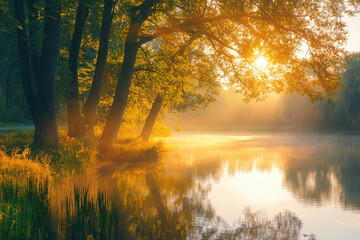 Fototapeta premium Golden rays of dawn paint a peaceful lake with shimmering reflections, illuminating a tranquil forest scene.