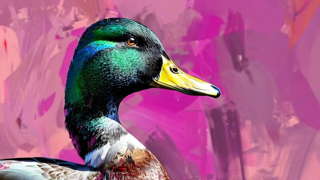 Close-up of a colorful mallard duck with vibrant plumage on a pink abstract background. Wildlife and nature art concept