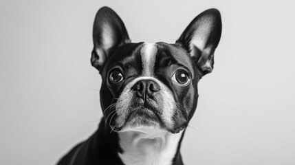A close-up black and white portrait of a Boston Terrier with expressive eyes.