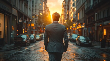 Businessman walks down a city street at sunset, illuminated by warm light reflecting off buildings and wet pavement