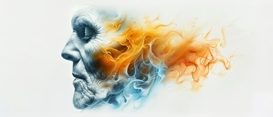  A man's face depicted in a painting, featuring considerable smoke emanating from one side