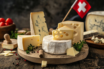 Table with board of various regional Swiss cheese and flag of Switzerland. Delicious looking cheeses on a wooden table.
