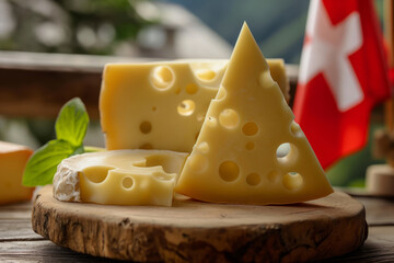 Table with board of various regional Swiss cheese and flag of Switzerland. Delicious looking cheeses on a wooden table.