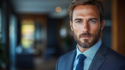 Fototapeta premium Confident businessman in a tailored suit posing for a portrait indoors in a modern office setting during late afternoon light