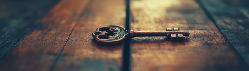 Obraz premium Close-up of an antique key on a wooden surface, showcasing intricate design and a rustic, vintage atmosphere.