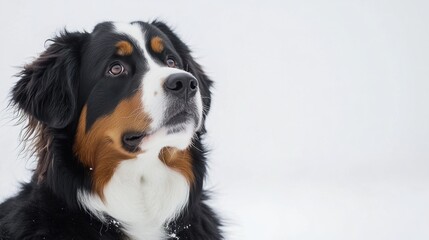 A close-up of a Bernese Mountain Dog looking upwards in a snowy environment.