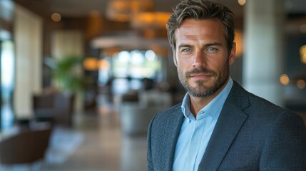 Fototapeta premium Professional man posing in elegant hotel lobby during the day with modern decor and warm lighting
