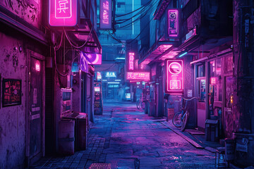 Fototapeta premium A dimly lit alleyway in a neon-drenched futuristic city, with vibrant signs and a sense of mystery.
