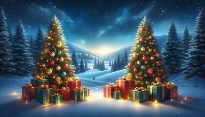 A winter landscape featuring two decorated evergreen trees adorned with ornaments and twinkling lights positioned on either side of a snowy scene