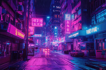 Neon-Drenched Streets: A Futuristic Cityscape Bathed in Rain and Vibrant Lights.