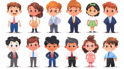 Fototapeta premium Cartoon business white - collar worker characters are busy in the office. They are wearing formal suits and ties, with briefcases in their hands. They are discussing work matters, showing professional