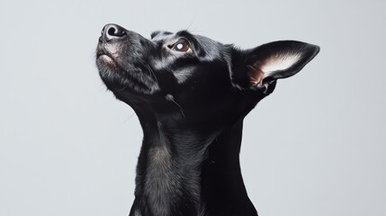 A close-up of a black dog looking upward against a light background.