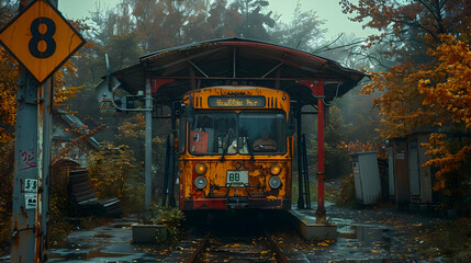 Obraz premium Autumn Foggy Train Station, Rusty Train Illustration