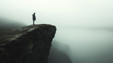 Halloween Mysterious Figure Overlooking Fog-Covered Cliff
