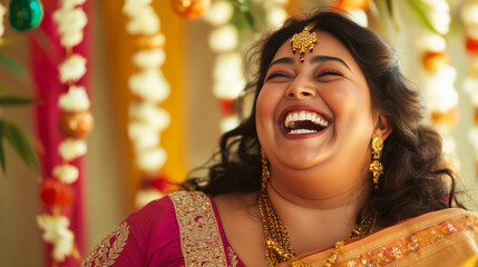 Obraz premium Plus size Indian woman in a saree, laughing joyously
