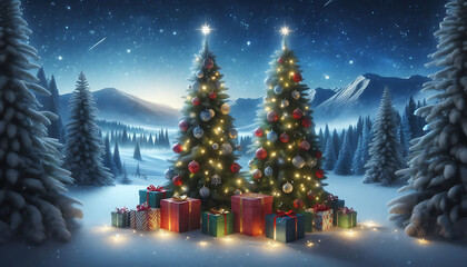 A winter landscape featuring two decorated evergreen trees adorned with ornaments and twinkling lights positioned on either side of a snowy scene