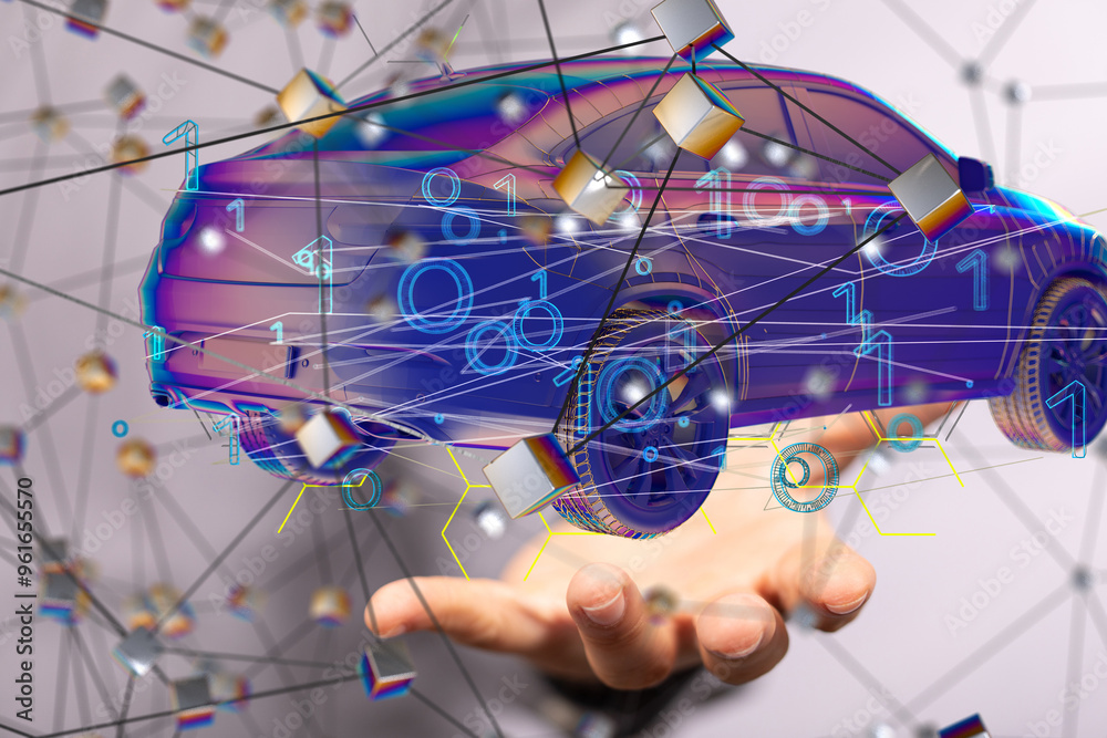 Poster Autonomous car with HUD graphic of Navigation system driving