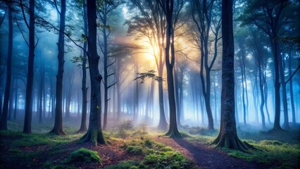 Fototapeta premium dramatic misty forest foggy trees sparse lighting eerie atmosphere