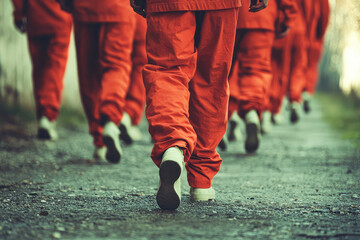 Fototapeta premium A line of prisoners in orange jumpsuits walk down a path, their faces unseen, their steps echoing the weight of their confinement.