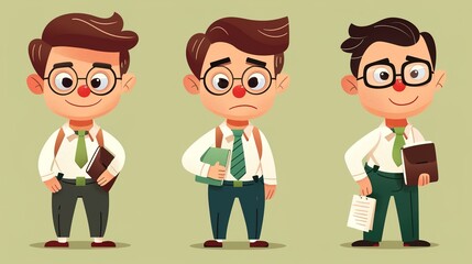 Fototapeta premium Cartoon business white - collar worker characters are busy in the office. They are wearing formal suits and ties, with briefcases in their hands. They are discussing work matters, showing professional