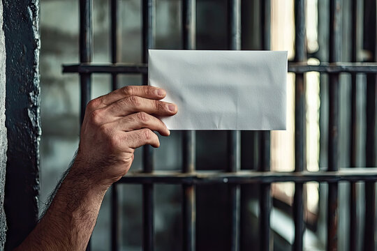 A Glimpse of Hope: A Prisoner's Hand Reaches Through Bars, Holding a Blank Letter, a Symbol of Connection and Yearning for Freedom.