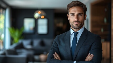 Fototapeta premium Confident businessman stands in a modern office with stylish decor, showcasing professionalism and poise during the daytime