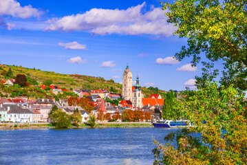 Krems an der Donau, Lower Austria. Typical Wachau Valley landscape on Danube River, autumn colors.