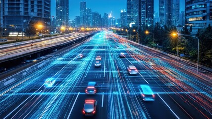 Obraz premium Cityscape Highway with Cars and Digital Network