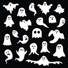 Set of Halloween ghost silhouettes. Flat design vector for halloween. Cute cartoon boos. October night party decoration.