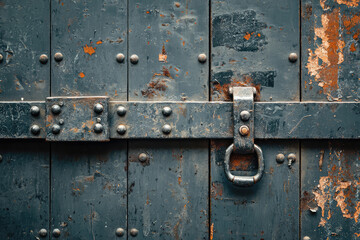 Timeworn Metal: A Close-Up of a Rusted Door with Faded Paint and a Sturdy Latch