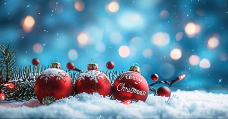 Red balls and snowflakes on blue background. Winter landscape with fir tree branches, snow-covered pine cones and glowing lights. Garland decoration banner design. Wide format