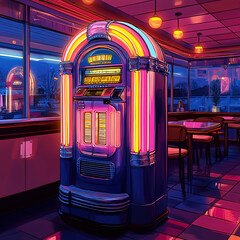 Colorful neon psychedelic cartoon illustration of a 1980s' jukebox in  a diner.