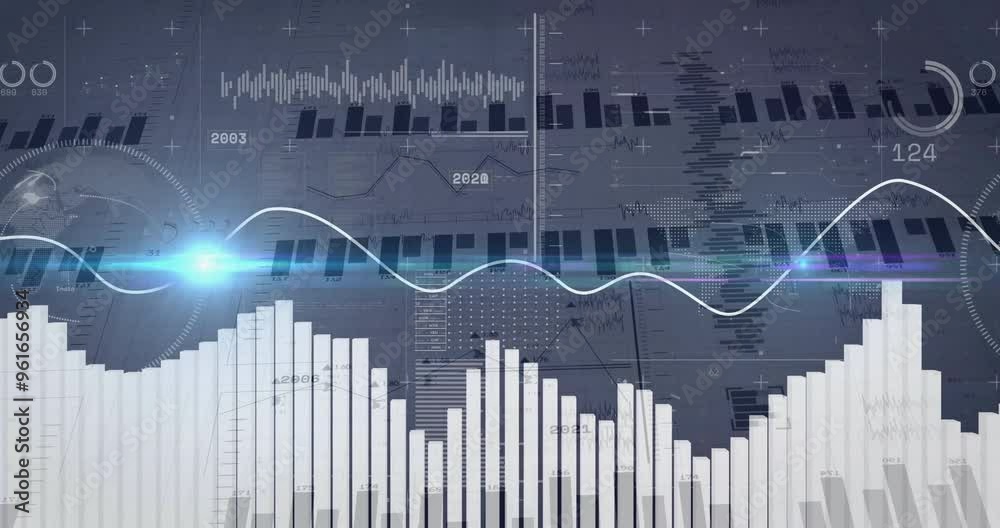Poster financial data charts and graphs with fluctuating lines animation over world map