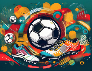 Soccer background with soccer ball, sneakers and abstract elements. Vector illustration.