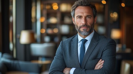 Professional man in a business suit stands confidently in a stylish hotel lobby during a sunny afternoon